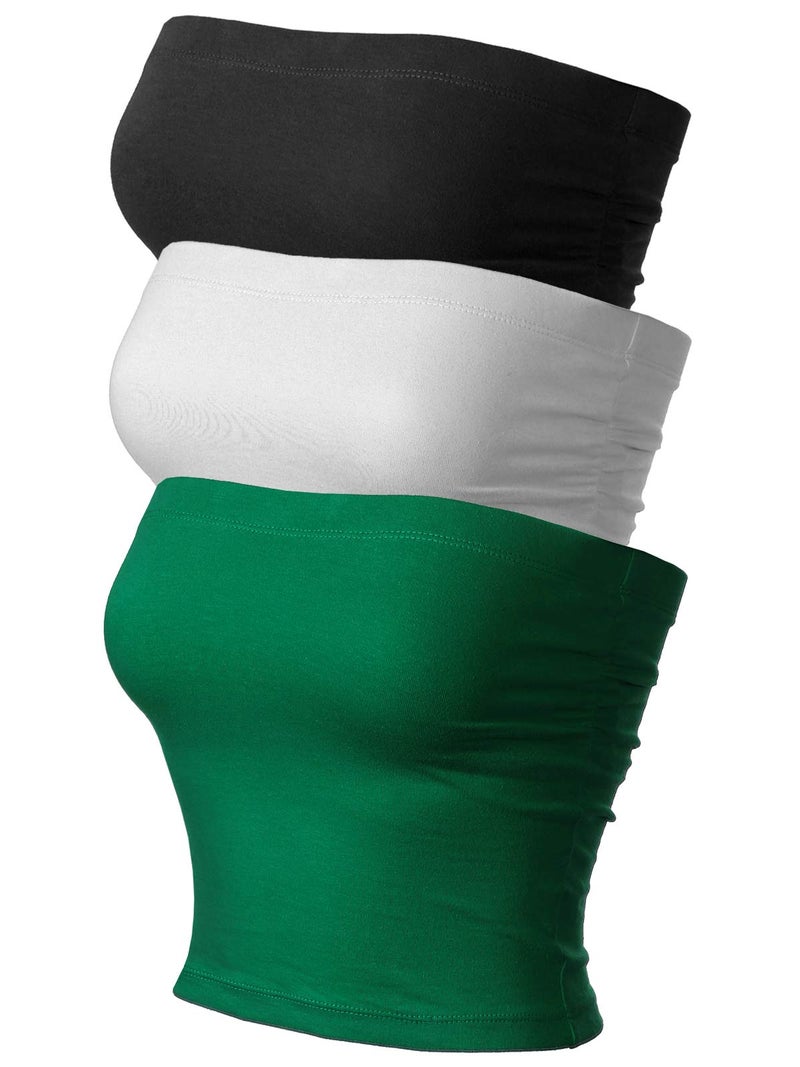 MixMatchy Women's Solid Casual Summer Side Shirring Scrunched Double Layered Tube Top 3PACK - Black/White/Kelly Green S - Image 1
